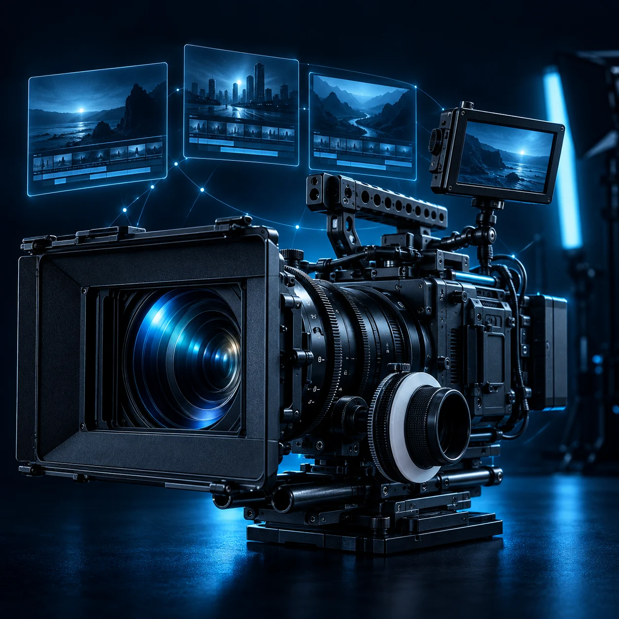 Concept artwork combining a cinema camera with connected digital storyboards and editing timelines